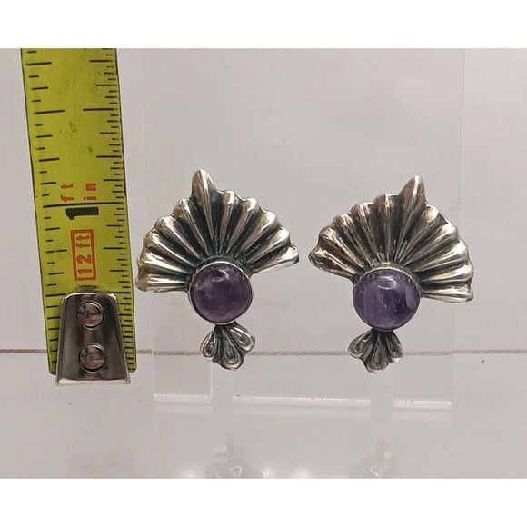 Vintage 1940s Mexico Silver Amethyst Earrings Screw Back Art Deco Style - Picture 5 of 8